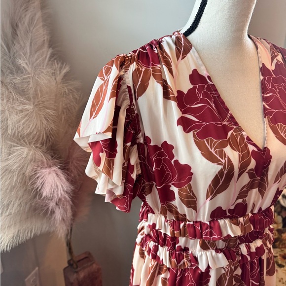 Böhme Floral Midi Dress Ruffle Waist Boho Romantic M - Picture 3 of 9